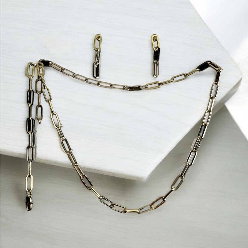 14K Gold Electroplated Paper Clip Style Necklace, Earrings and Bracelet Set